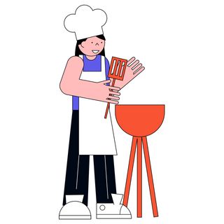 chef grill woman spatula meat