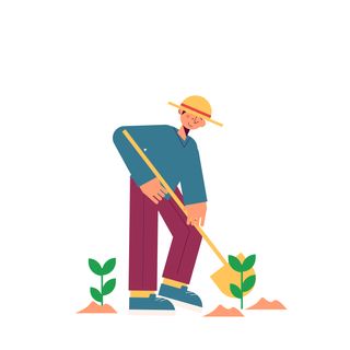 vegetable plot man farmer shovel hat